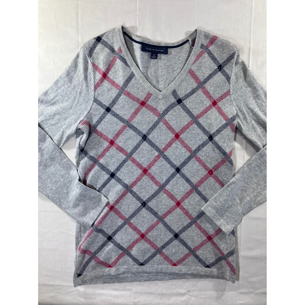 Tommy Hilfiger Argyle V Neck Sweater Gray Red Blue Long Sleeve Women's S/P